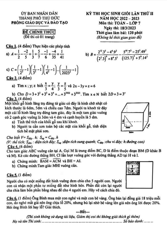 Đề học sinh giỏi lần 2 Toán 7 năm 2022 – 2023 phòng GD&ĐT Thủ Đức – TP HCM