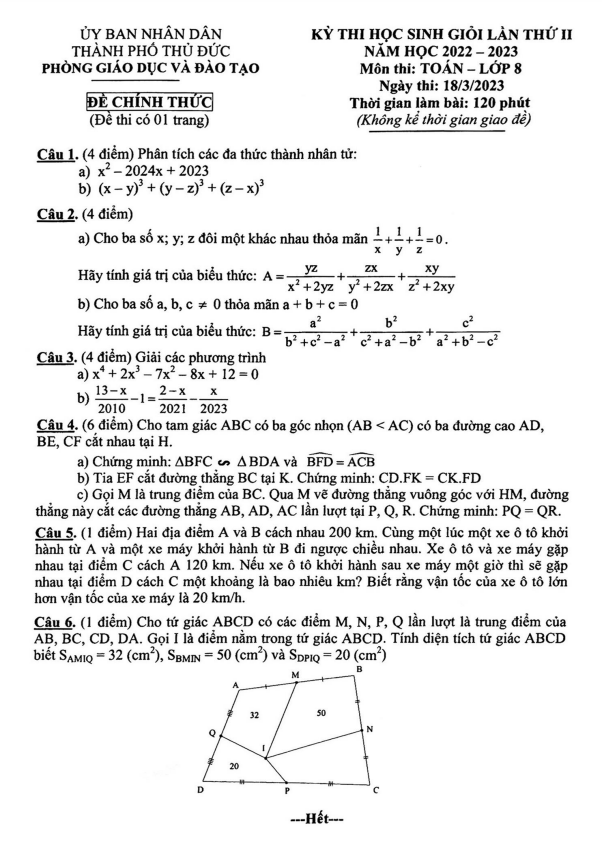 Đề học sinh giỏi lần 2 Toán 8 năm 2022 – 2023 phòng GD&ĐT Thủ Đức – TP HCM