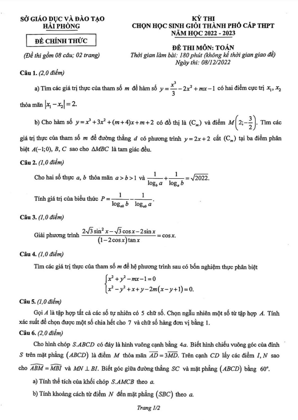 Đề học sinh giỏi thành phố Toán THPT năm 2022 – 2023 sở GD&ĐT Hải Phòng