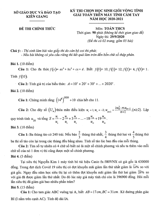 Đề học sinh giỏi tỉnh MTCT Toán THCS năm 2020 – 2021 sở GD&ĐT Kiên Giang