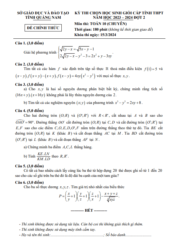 Đề học sinh giỏi tỉnh Toán 10 chuyên đợt 2 năm 2023 – 2024 sở GD&ĐT Quảng Nam