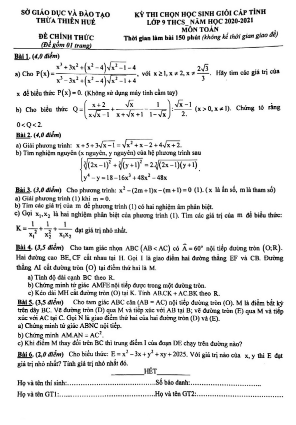Đề học sinh giỏi tỉnh Toán 9 năm 2020 – 2021 sở GD&ĐT Thừa Thiên Huế