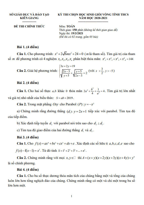 Đề học sinh giỏi tỉnh Toán THCS năm 2020 – 2021 sở GD&ĐT Kiên Giang