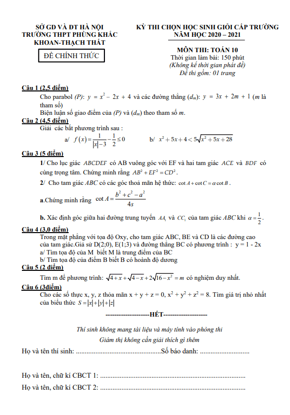 Đề học sinh giỏi Toán 10 năm 2020 – 2021 trường Phùng Khắc Khoan – Hà Nội