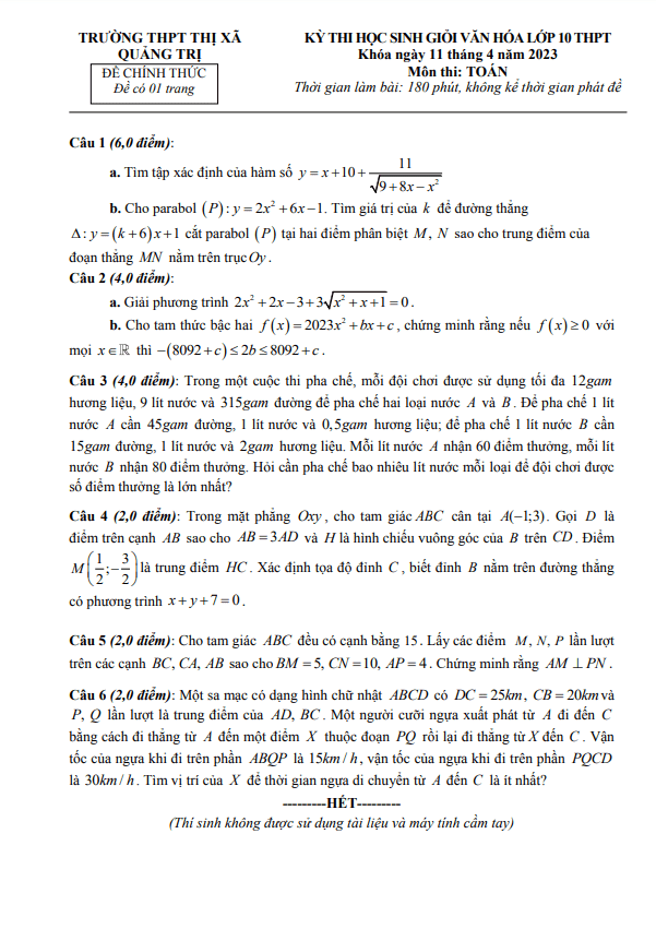 Đề học sinh giỏi Toán 10 năm 2022 – 2023 trường THPT Thị xã Quảng Trị