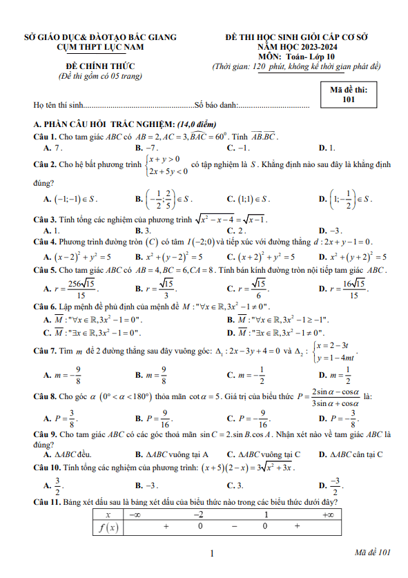 Đề học sinh giỏi Toán 10 năm 2023 – 2024 cụm THPT Lục Nam – Bắc Giang