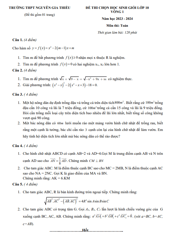Đề học sinh giỏi Toán 10 năm 2023 – 2024 trường THPT Nguyễn Gia Thiều – Hà Nội