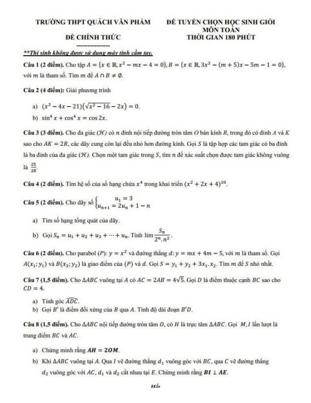 Đề học sinh giỏi Toán 10 năm 2023 – 2024 trường THPT Quách Văn Phẩm – Cà Mau