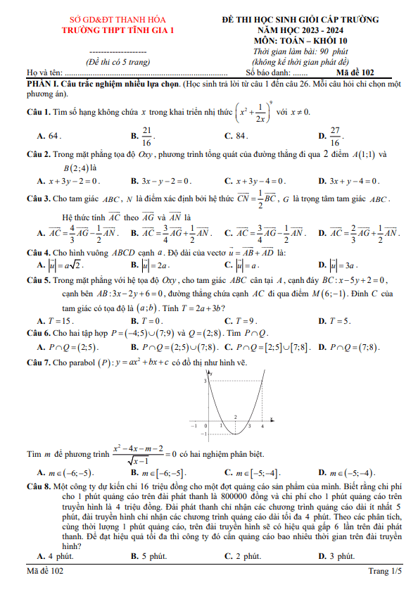 Đề học sinh giỏi Toán 10 năm 2023 – 2024 trường THPT Tĩnh Gia 1 – Thanh Hóa
