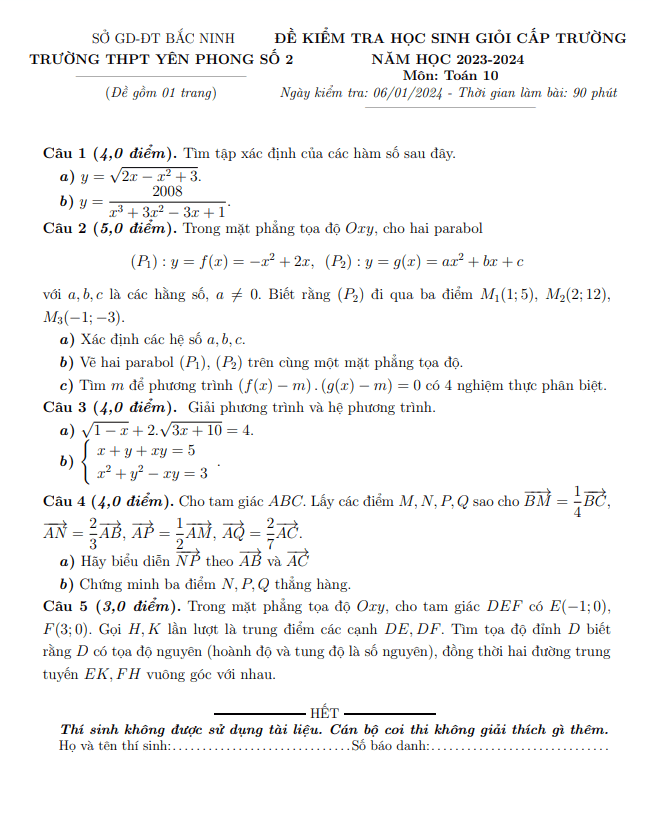 Đề học sinh giỏi Toán 10 năm 2023 – 2024 trường THPT Yên Phong 2 – Bắc Ninh