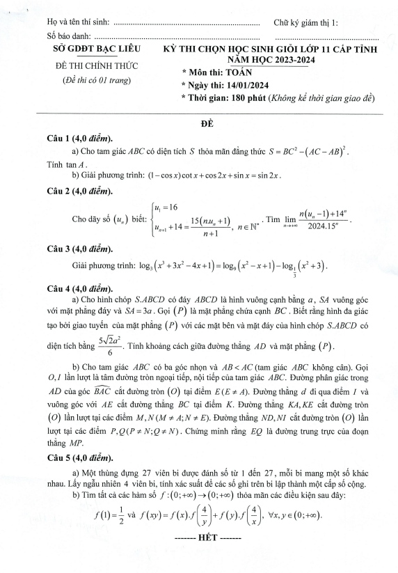 Đề học sinh giỏi Toán 11 cấp tỉnh năm 2023 – 2024 sở GD&ĐT Bạc Liêu