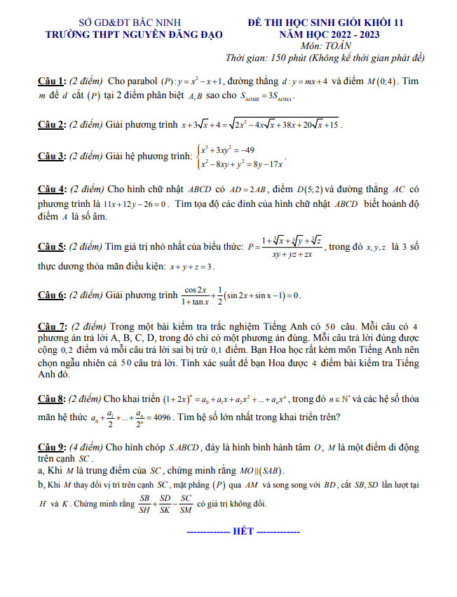 Đề học sinh giỏi Toán 11 năm 2022 – 2023 trường Nguyễn Đăng Đạo – Bắc Ninh