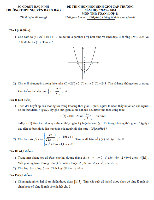 Đề học sinh giỏi Toán 11 năm 2023 – 2024 trường THPT Nguyễn Đăng Đạo – Bắc Ninh