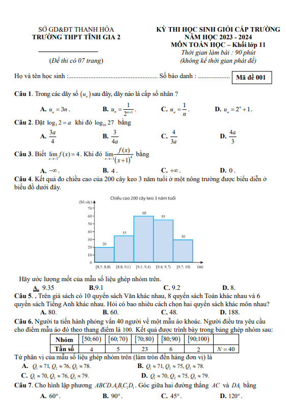 Đề học sinh giỏi Toán 11 năm 2023 – 2024 trường THPT Tĩnh Gia 2 – Thanh Hóa