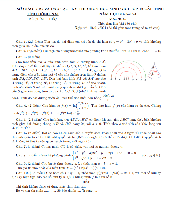 Đề học sinh giỏi Toán 12 cấp tỉnh năm 2023 – 2024 sở GD&ĐT Đồng Nai