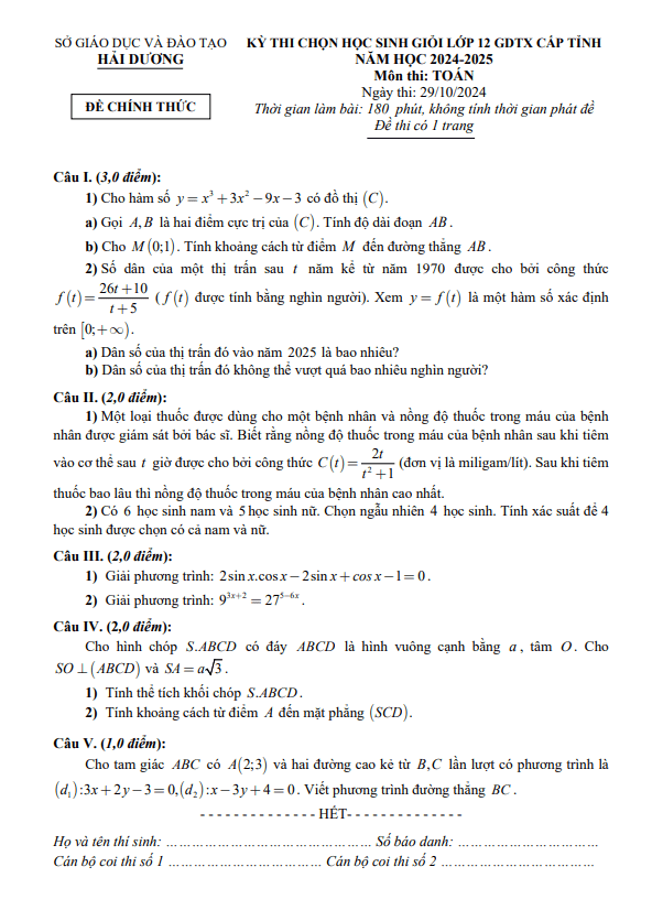 Đề học sinh giỏi Toán 12 GDTX cấp tỉnh năm 2024 – 2025 sở GD&ĐT Hải Dương