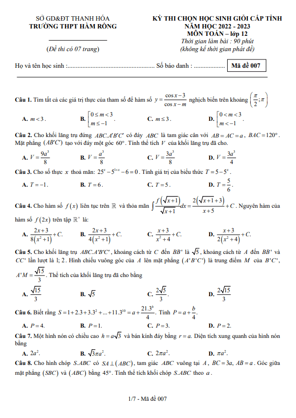 Đề học sinh giỏi Toán 12 năm 2022 – 2023 trường THPT Hàm Rồng – Thanh Hóa