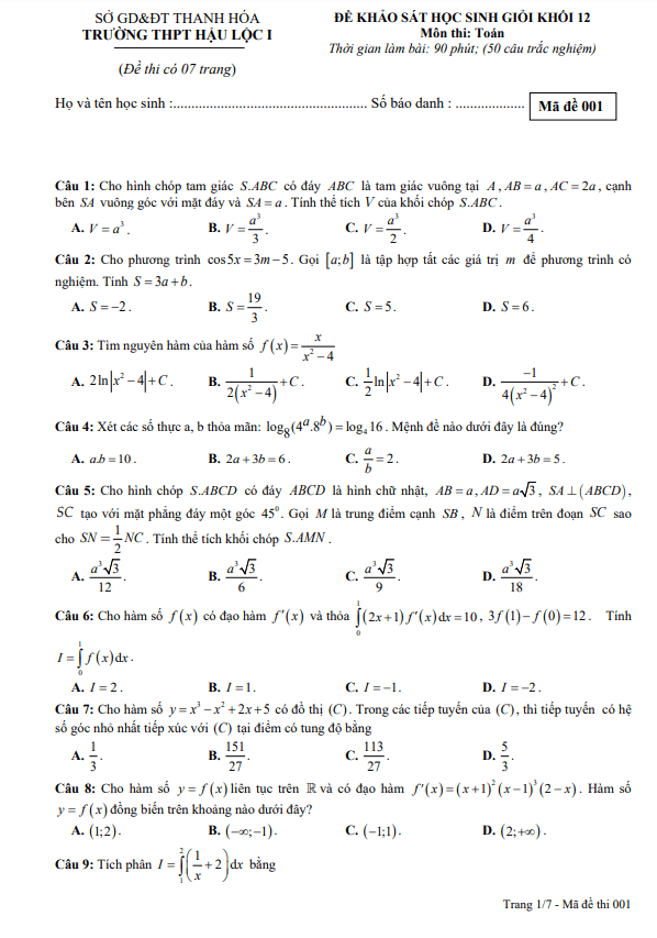 Đề học sinh giỏi Toán 12 năm 2022 – 2023 trường THPT Hậu Lộc 1 – Thanh Hóa