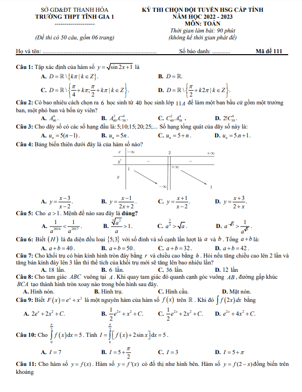 Đề học sinh giỏi Toán 12 năm 2022 – 2023 trường THPT Tĩnh Gia 1 – Thanh Hóa