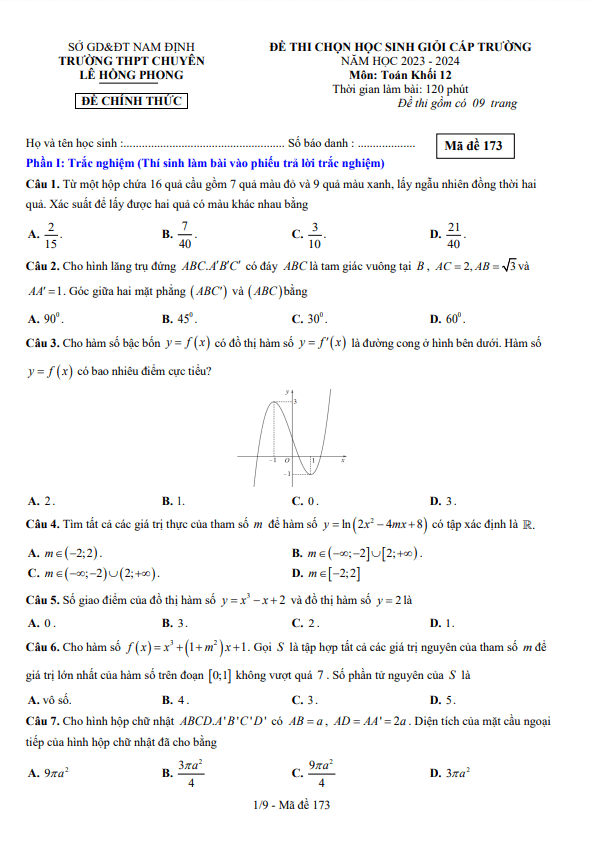Đề học sinh giỏi Toán 12 năm 2023 – 2024 trường chuyên Lê Hồng Phong – Nam Định