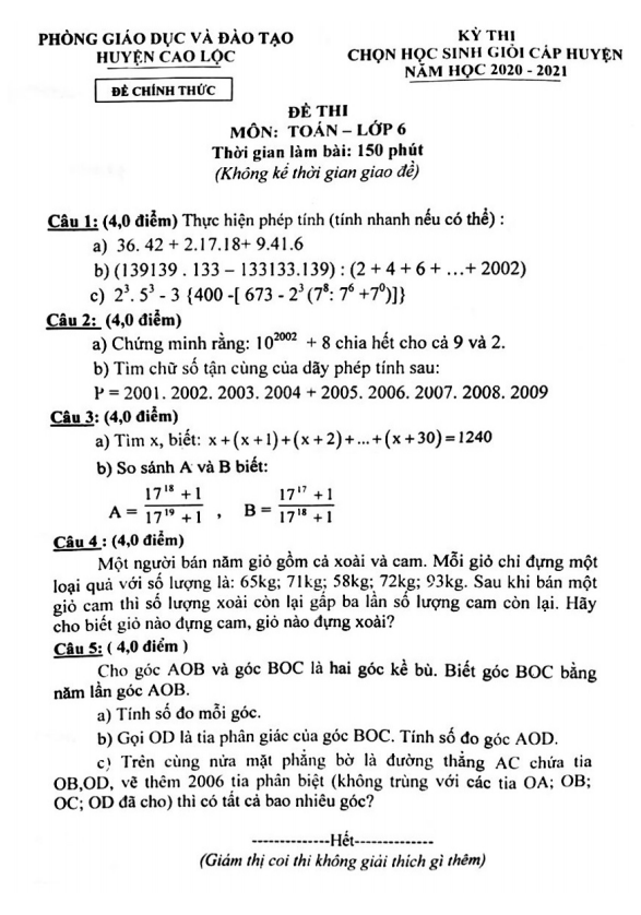 Đề học sinh giỏi Toán 6 năm 2020 – 2021 phòng GD&ĐT Cao Lộc – Lạng Sơn