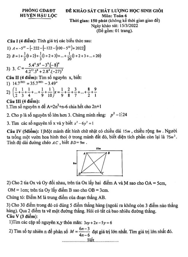 Đề học sinh giỏi Toán 6 năm 2021 – 2022 phòng GD&ĐT Hậu Lộc – Thanh Hóa