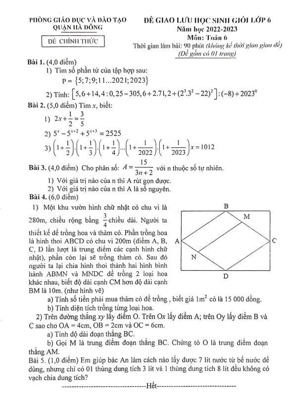 Đề học sinh giỏi Toán 6 năm 2022 – 2023 phòng GD&ĐT Hà Đông – Hà Nội