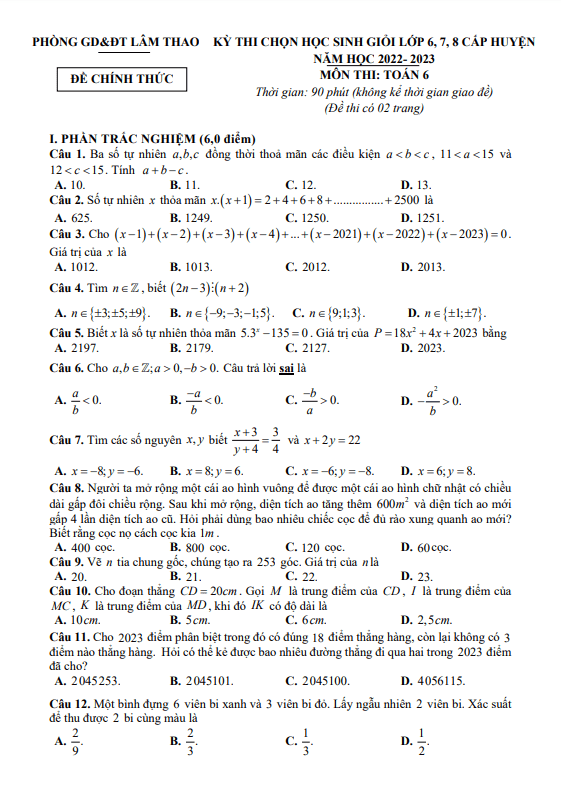 Đề học sinh giỏi Toán 6 năm 2022 – 2023 phòng GD&ĐT Lâm Thao – Phú Thọ