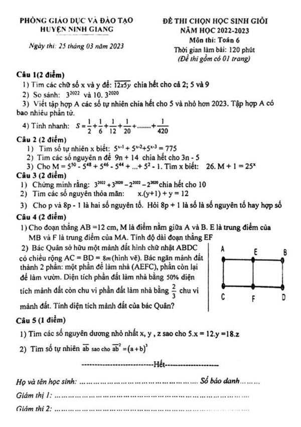 Đề học sinh giỏi Toán 6 năm 2022 – 2023 phòng GD&ĐT Ninh Giang – Hải Dương