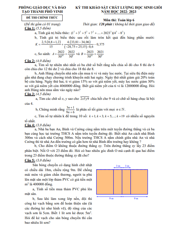 Đề học sinh giỏi Toán 6 năm 2022 – 2023 phòng GD&ĐT thành phố Vinh – Nghệ An