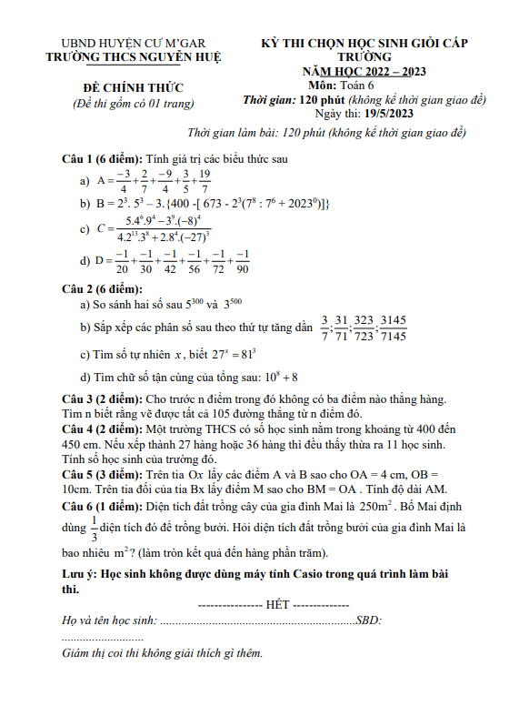 Đề học sinh giỏi Toán 6 năm 2022 – 2023 trường THCS Nguyễn Huệ – Đắk Lắk