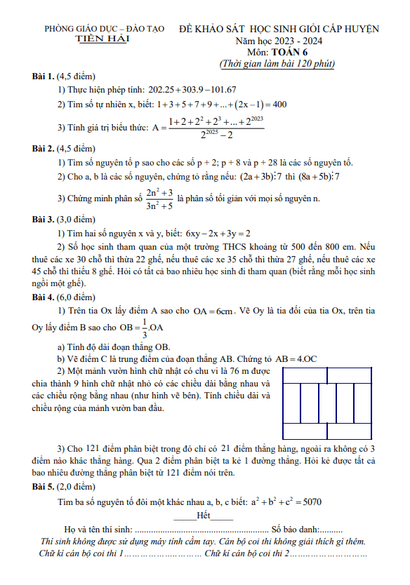 Đề học sinh giỏi Toán 6 năm 2023 – 2024 phòng GD&ĐT Tiền Hải – Thái Bình