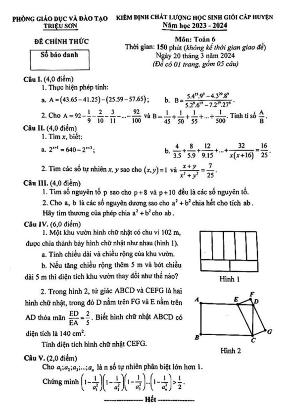 Đề học sinh giỏi Toán 6 năm 2023 – 2024 phòng GD&ĐT Triệu Sơn – Thanh Hóa