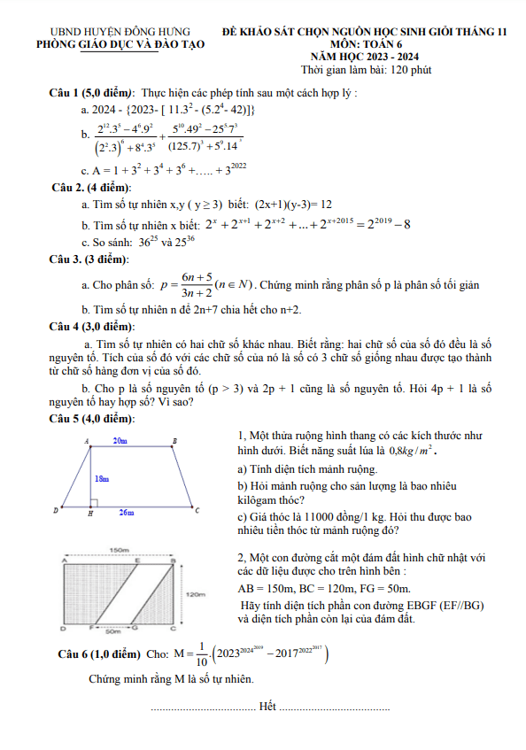 Đề học sinh giỏi Toán 6 tháng 11 năm 2023 phòng GD&ĐT Đông Hưng – Thái Bình
