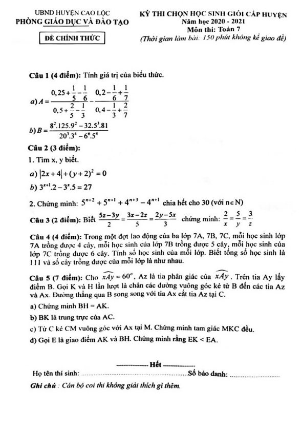 Đề học sinh giỏi Toán 7 năm 2020 – 2021 phòng GD&ĐT Cao Lộc – Lạng Sơn