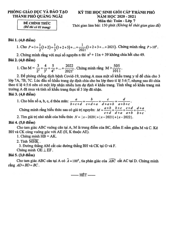 Đề học sinh giỏi Toán 7 năm 2020 – 2021 phòng GD&ĐT thành phố Quảng Ngãi