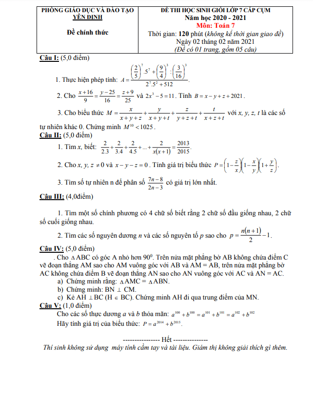 Đề học sinh giỏi Toán 7 năm 2020 – 2021 phòng GD&ĐT Yên Định – Thanh Hóa