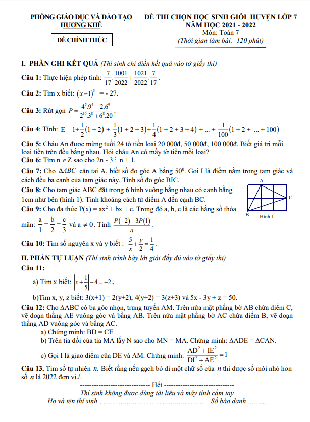 Đề học sinh giỏi Toán 7 năm 2021 – 2022 phòng GD&ĐT Hương Khê – Hà Tĩnh