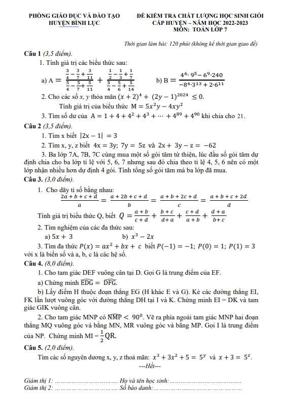 Đề học sinh giỏi Toán 7 năm 2022 – 2023 phòng GD&ĐT Bình Lục – Hà Nam