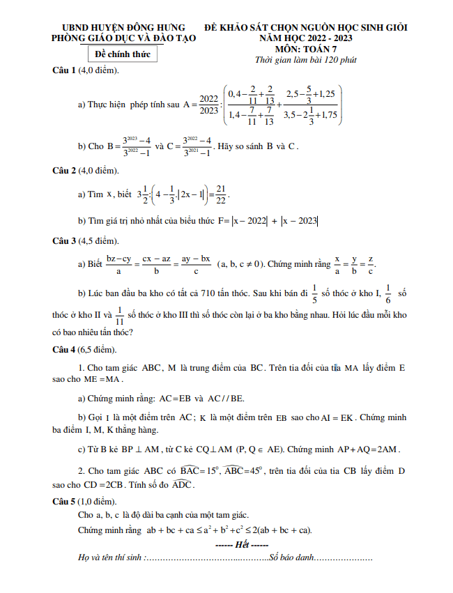 Đề học sinh giỏi Toán 7 năm 2022 – 2023 phòng GD&ĐT Đông Hưng – Thái Bình