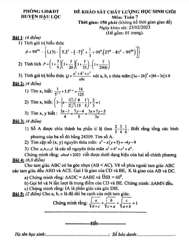 Đề học sinh giỏi Toán 7 năm 2022 – 2023 phòng GD&ĐT Hậu Lộc – Thanh Hóa