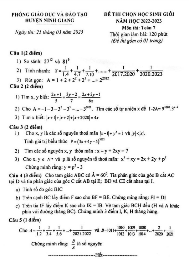 Đề học sinh giỏi Toán 7 năm 2022 – 2023 phòng GD&ĐT Ninh Giang – Hải Dương