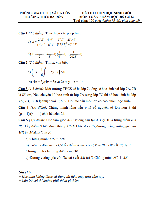 Đề học sinh giỏi Toán 7 năm 2022 – 2023 trường THCS Ba Đồn – Quảng Bình