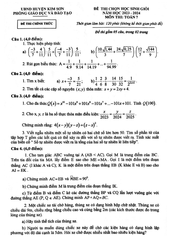 Đề học sinh giỏi Toán 7 năm 2023 – 2024 phòng GD&ĐT Kim Sơn – Ninh Bình