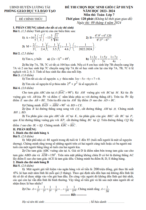 Đề học sinh giỏi Toán 7 năm 2023 – 2024 phòng GD&ĐT Lương Tài – Bắc Ninh