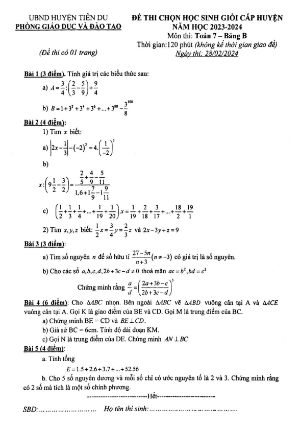 Đề học sinh giỏi Toán 7 năm 2023 – 2024 phòng GD&ĐT Tiên Du – Bắc Ninh