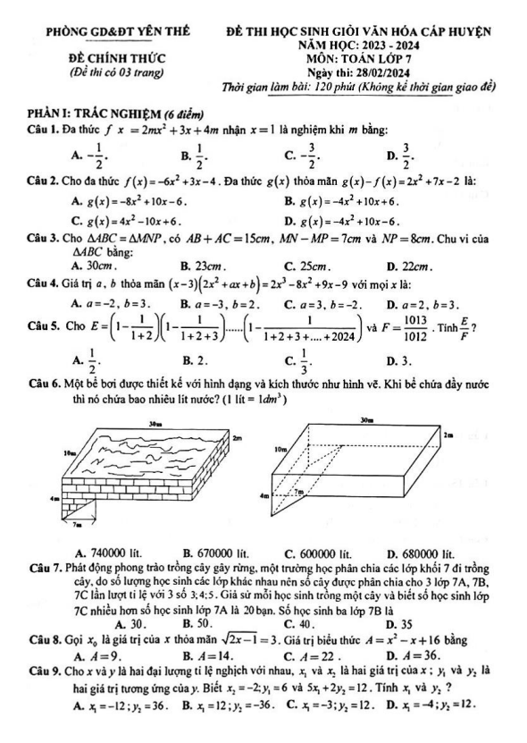 Đề học sinh giỏi Toán 7 năm 2023 – 2024 phòng GD&ĐT Yên Thế – Bắc Giang