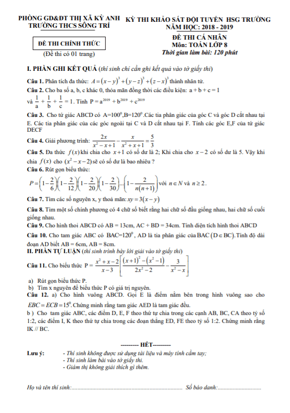 Đề học sinh giỏi Toán 8 cấp trường năm 2018 – 2019 trường THCS Sông Trí – Hà Tĩnh