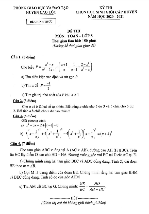 Đề học sinh giỏi Toán 8 năm 2020 – 2021 phòng GD&ĐT Cao Lộc – Lạng Sơn