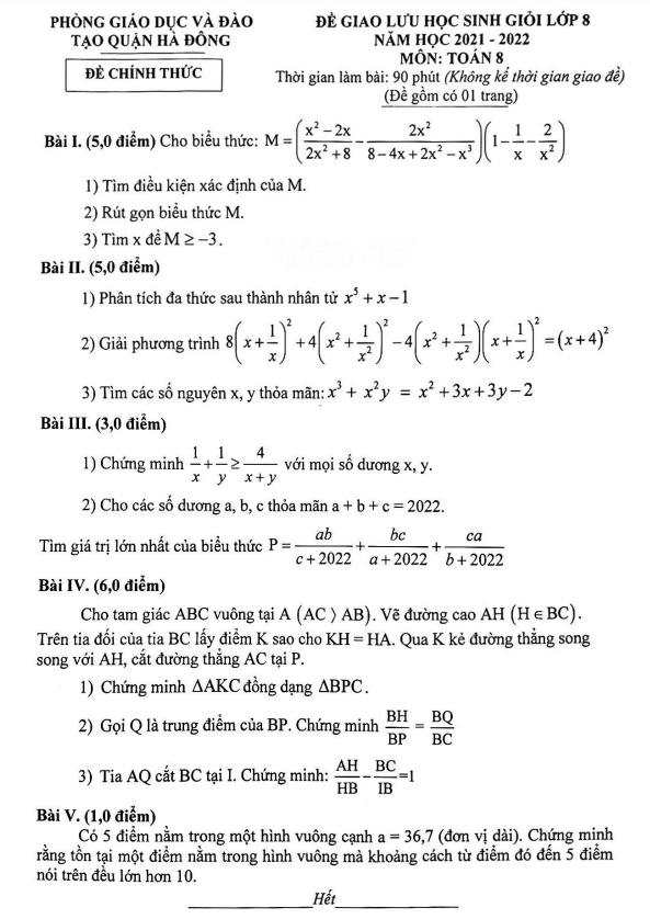 Đề học sinh giỏi Toán 8 năm 2021 – 2022 phòng GD&ĐT Hà Đông – Hà Nội